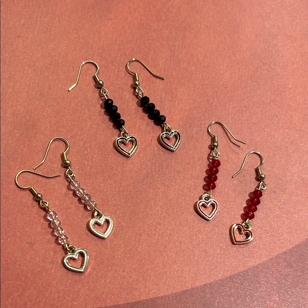 Valentines Heart Charm Dangle Earrings Set - Black, Red, Pink